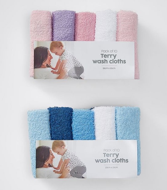 Baby 10 Pack Terry Wash Cloths - Assorted