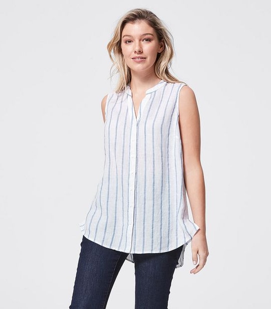 European Linen Sleeveless Shirt - Chambray Blue/White Stripe