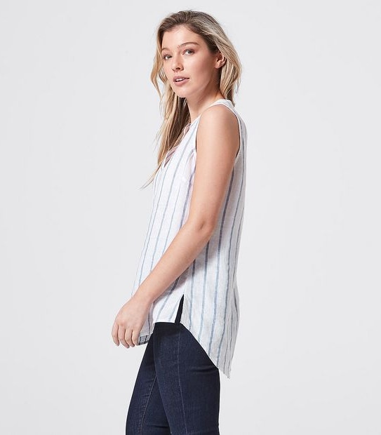 European Linen Sleeveless Shirt - Chambray Blue/White Stripe