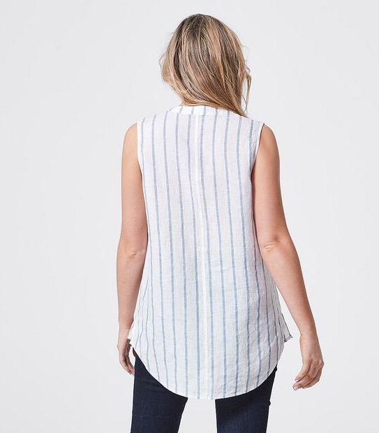 European Linen Sleeveless Shirt - Chambray Blue/White Stripe