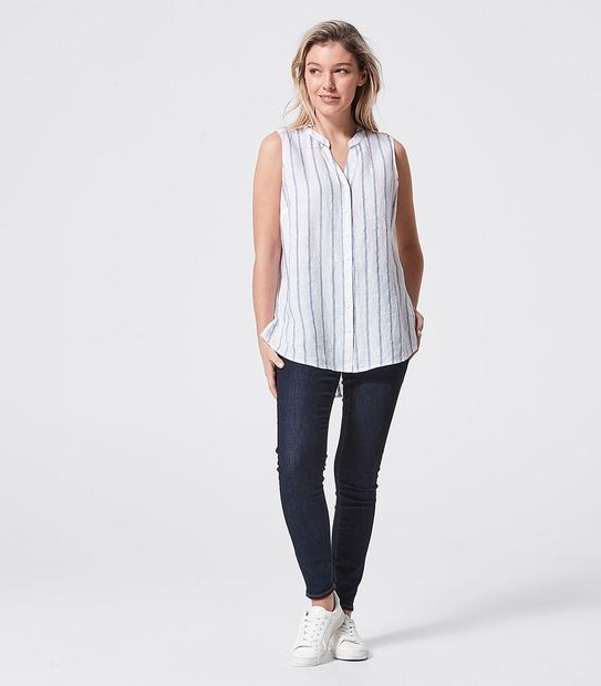 European Linen Sleeveless Shirt - Chambray Blue/White Stripe