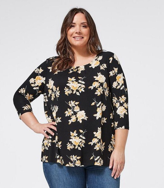 Belle Curve Pleat Front Top - Black Floral