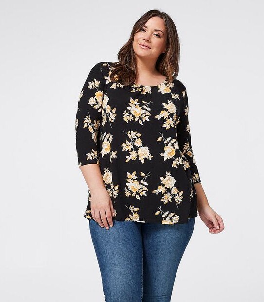 Belle Curve Pleat Front Top - Black Floral