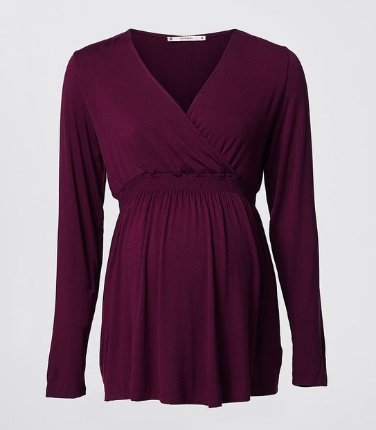 Maternity Long Sleeve Shirred Top - Burgundy Red