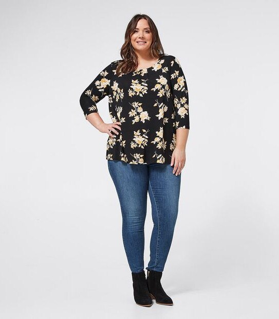 Belle Curve Pleat Front Top - Black Floral