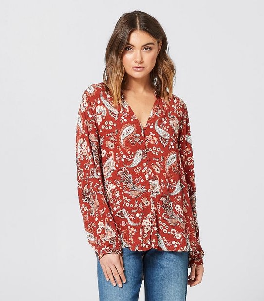 Long Sleeve Peasant Blouse - Red Paisley Print