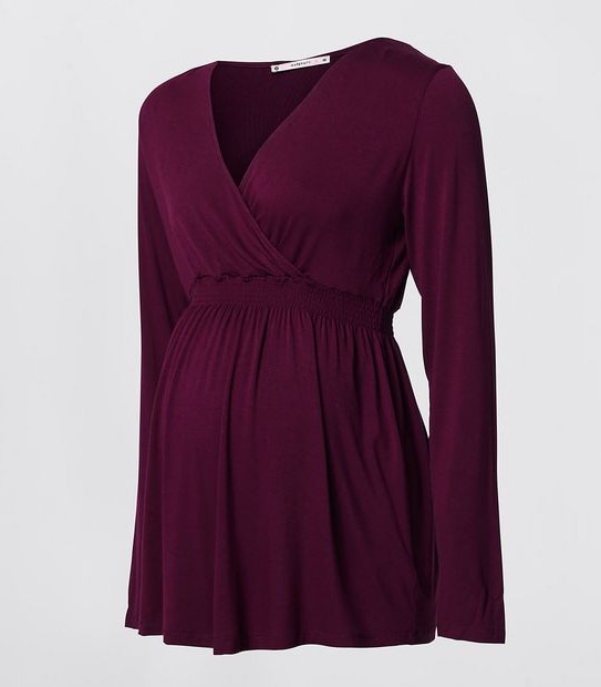 Maternity Long Sleeve Shirred Top - Burgundy Red