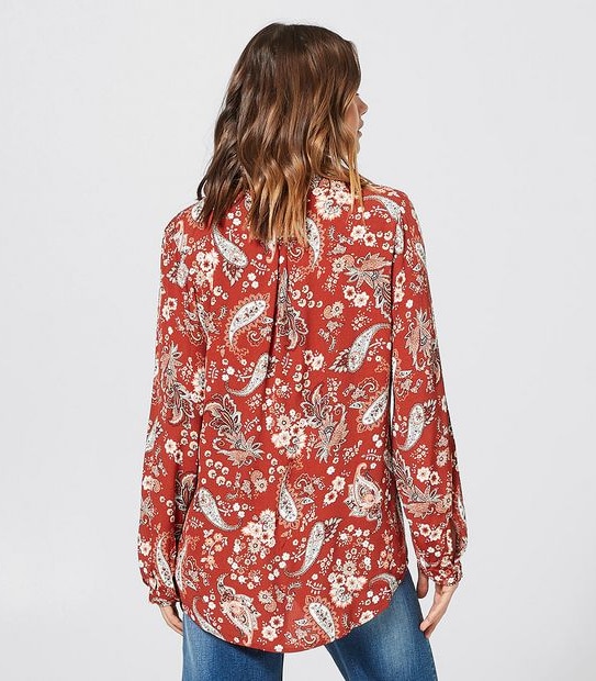Long Sleeve Peasant Blouse - Red Paisley Print