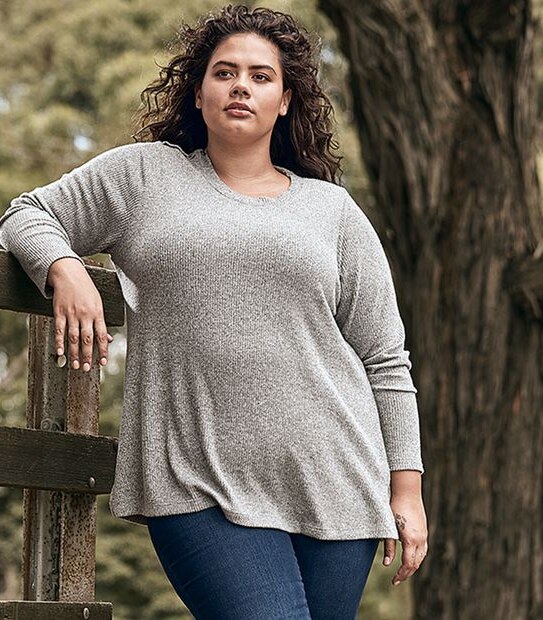Belle Curve Button Shoulder Ribbed Top - Grey Marle