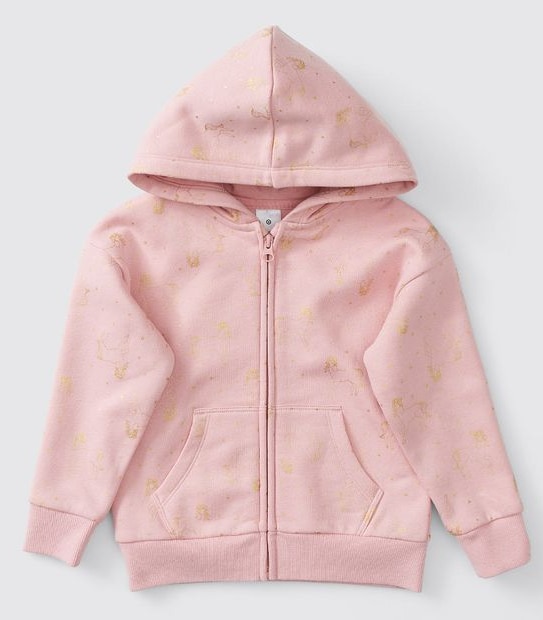 Metallic Unicorn Print Zip Thru Hoodie - Pink