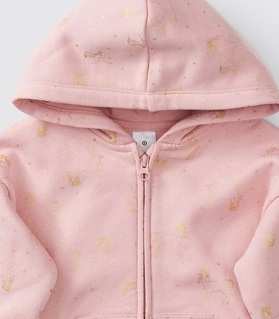 Metallic Unicorn Print Zip Thru Hoodie - Pink