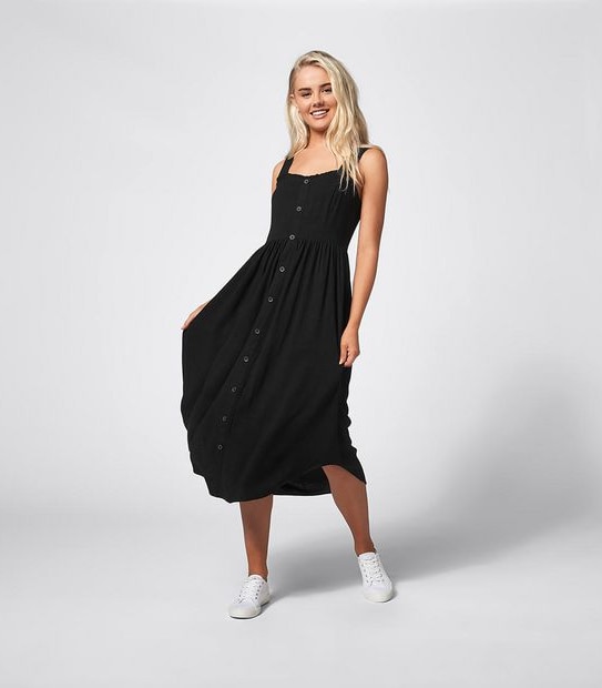 Lily Loves Linen Blend Shirred Midi Dress - Black