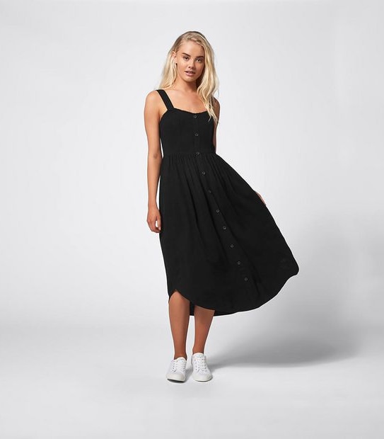 Lily Loves Linen Blend Shirred Midi Dress - Black