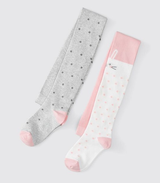 Girls 2 Pack Print Knit Tights - Pink/Grey