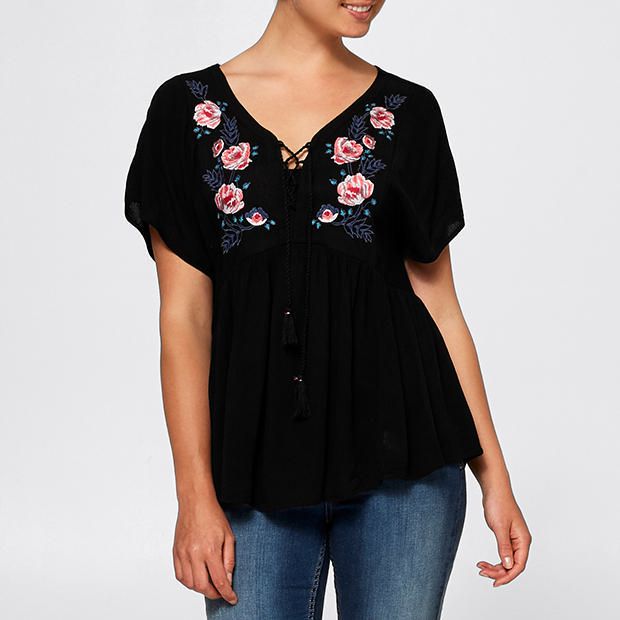 Tia Tie-Neck Embellished Peasant Top Tia Tie-Neck Embellished Peasant Top