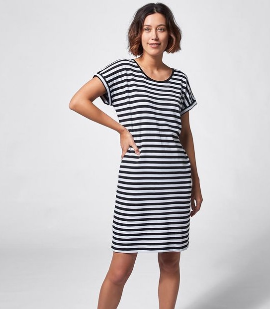 Organic Cotton Short Sleeve Knit Shift Dress - Black/White Stripe