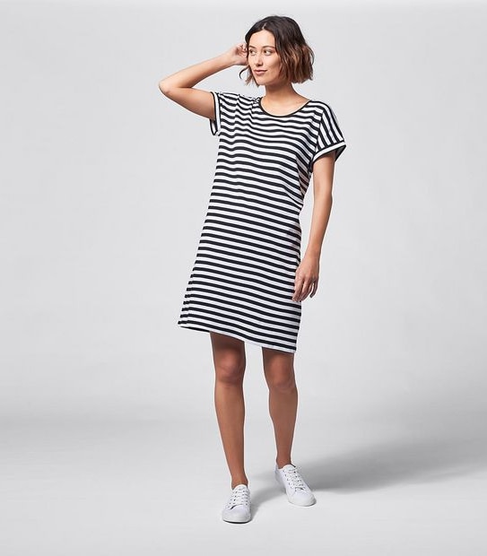 Organic Cotton Short Sleeve Knit Shift Dress - Black/White Stripe