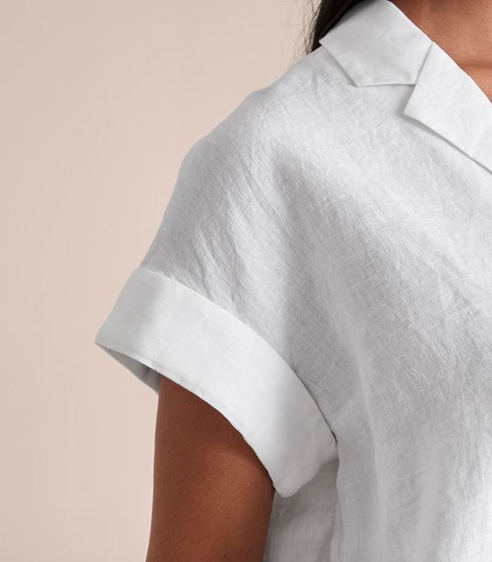 European Linen Roll Cuff Sleeve Blouse