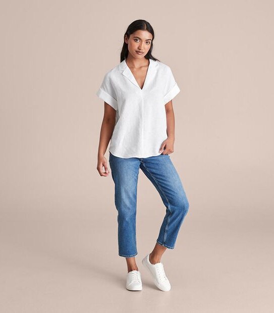 European Linen Roll Cuff Sleeve Blouse