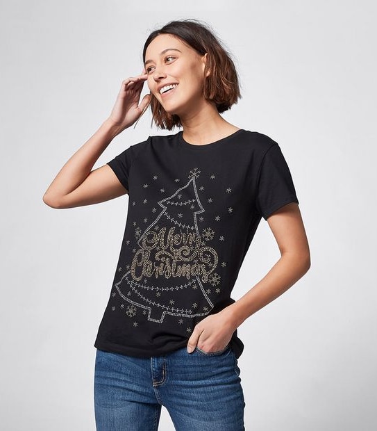 Christmas Cotton T-Shirt - Black Crystal Tree
