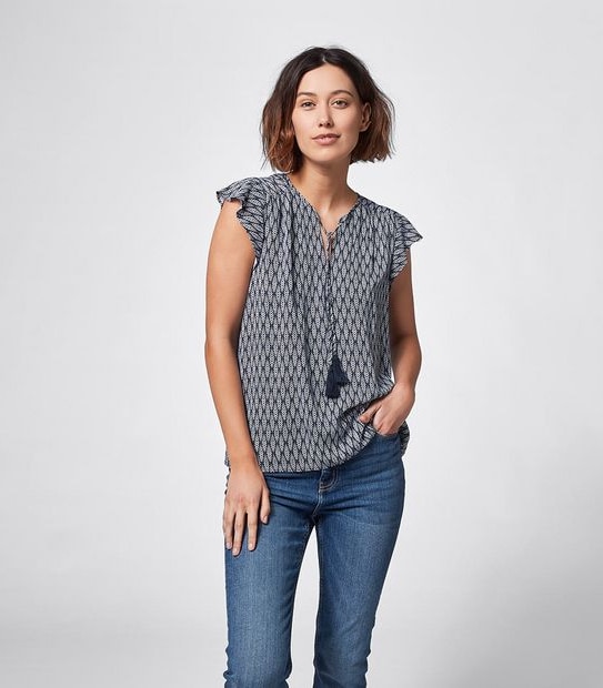 Rosie Printed Flutter Sleeve Blouse - Navy Blue Tile