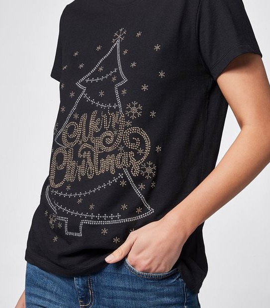 Christmas Cotton T-Shirt - Black Crystal Tree