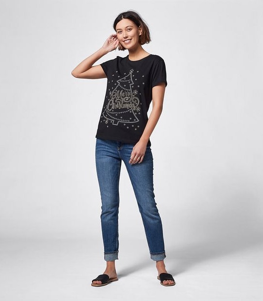 Christmas Cotton T-Shirt - Black Crystal Tree