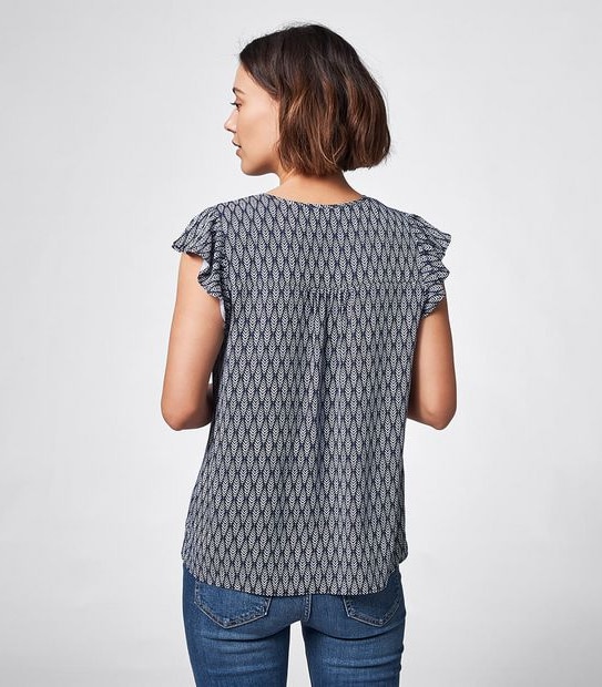 Rosie Printed Flutter Sleeve Blouse - Navy Blue Tile