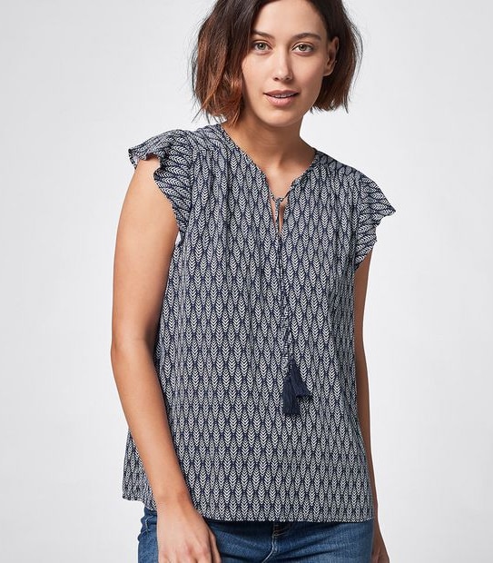 Rosie Printed Flutter Sleeve Blouse - Navy Blue Tile