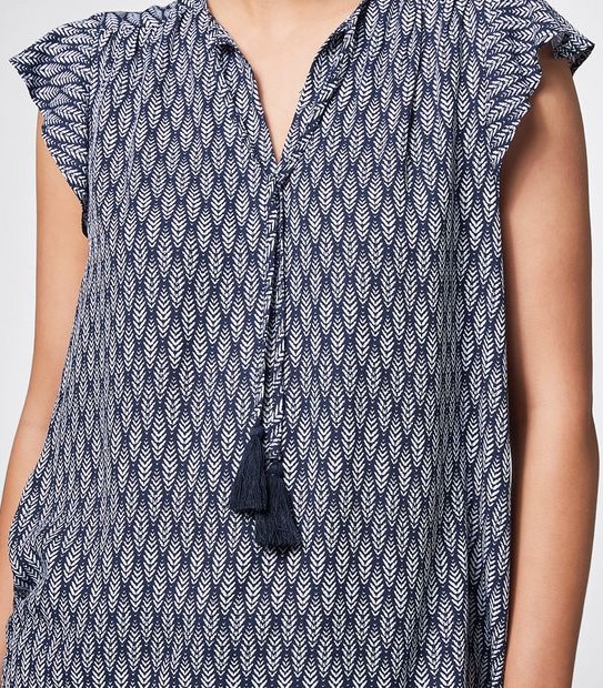 Rosie Printed Flutter Sleeve Blouse - Navy Blue Tile