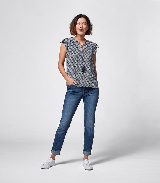 Rosie Printed Flutter Sleeve Blouse - Navy Blue Tile