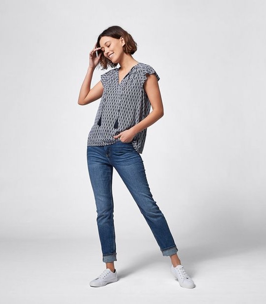Rosie Printed Flutter Sleeve Blouse - Navy Blue Tile