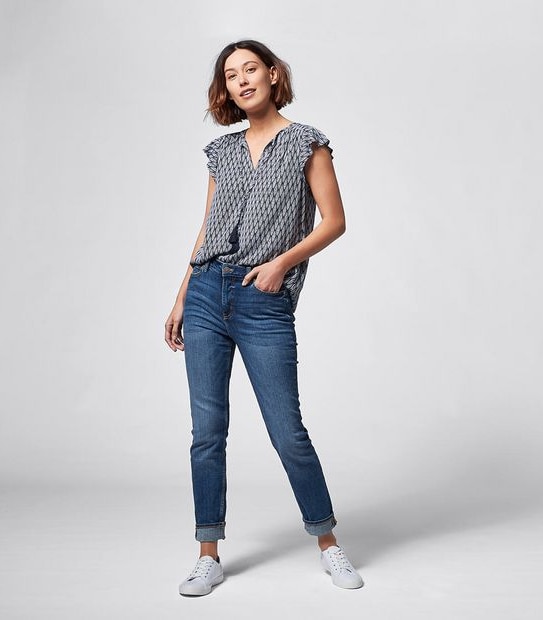 Rosie Printed Flutter Sleeve Blouse - Navy Blue Tile