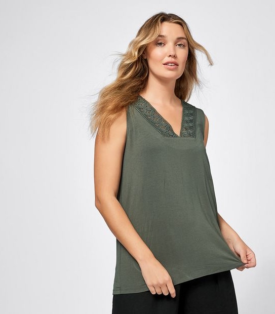 Lace Trim Tank Top - Khaki Green