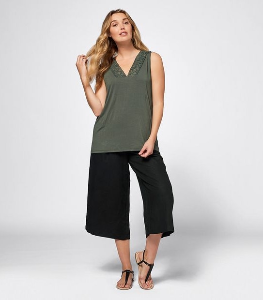 Lace Trim Tank Top - Khaki Green