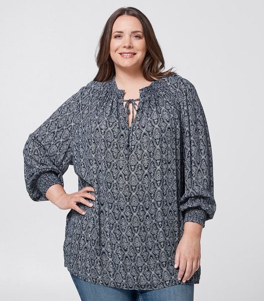 Belle Curve Shirred Neck Peasant Top - Black/White Print