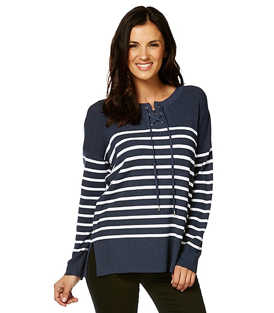 Tie Front Jumper - Peacoat / White | Target Australia