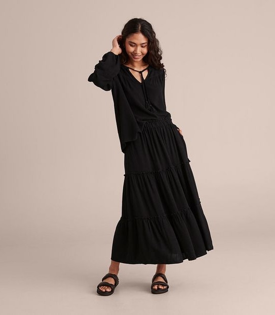 Linen Blend Tiered Maxi Skirt