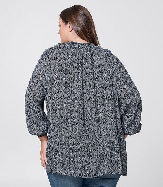Belle Curve Shirred Neck Peasant Top - Black/White Print