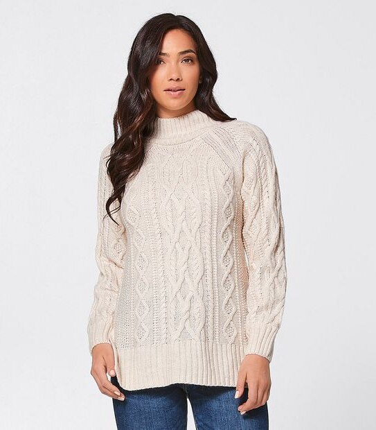 Funnel Neck Cable Knit Tunic - Ecru White Marle