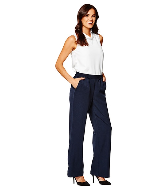 Elastic Waist Wide Leg Pants - Navy