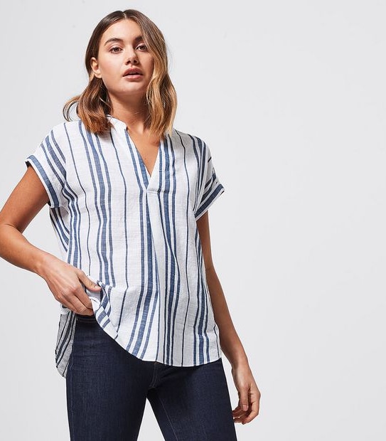 Dallas Grandad Blouse - White/Blue Stripe 