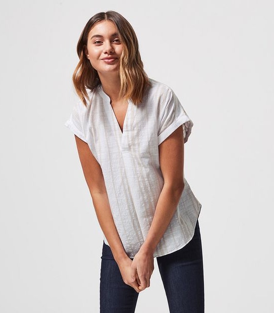Dallas Grandad Blouse - White/Stone Brown Stripe 
