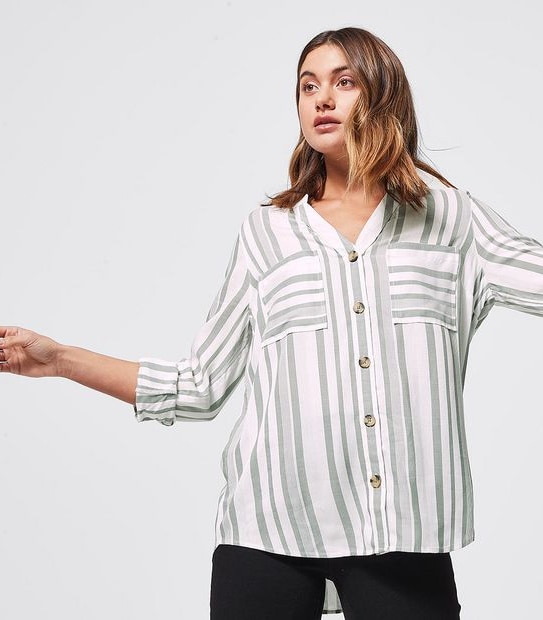 Grandad Shirt - Tan Brown/Khaki Green Stripe