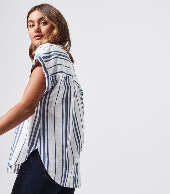 Dallas Grandad Blouse - White/Blue Stripe 