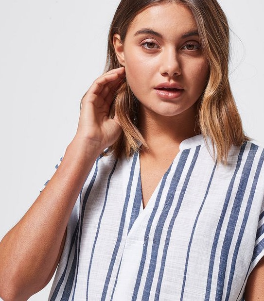Dallas Grandad Blouse - White/Blue Stripe 