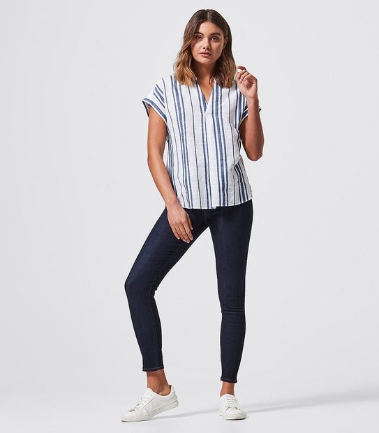 Dallas Grandad Blouse - White/Blue Stripe 
