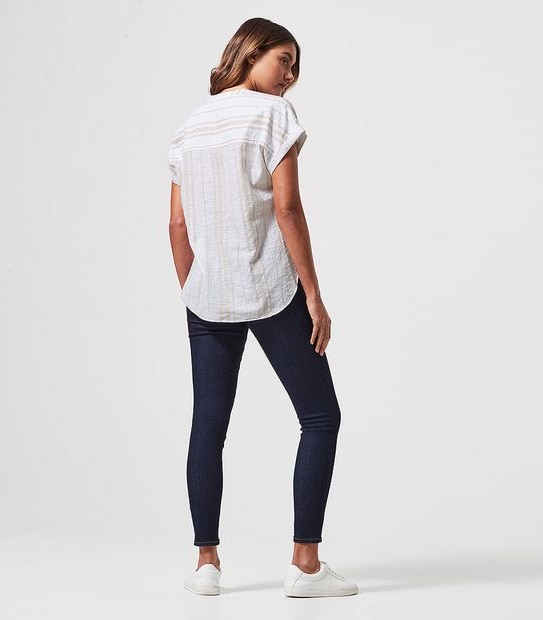 Dallas Grandad Blouse - White/Stone Brown Stripe 