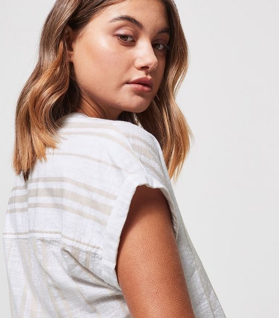 Dallas Grandad Blouse - White/Stone Brown Stripe 