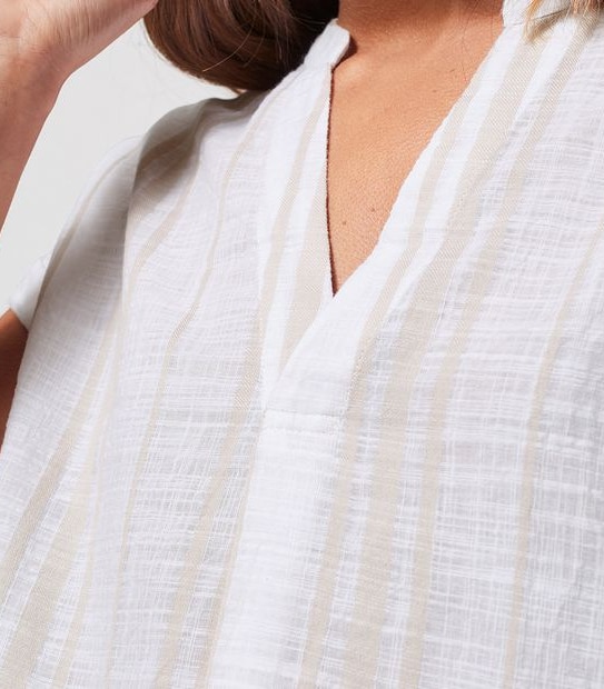 Dallas Grandad Blouse - White/Stone Brown Stripe 